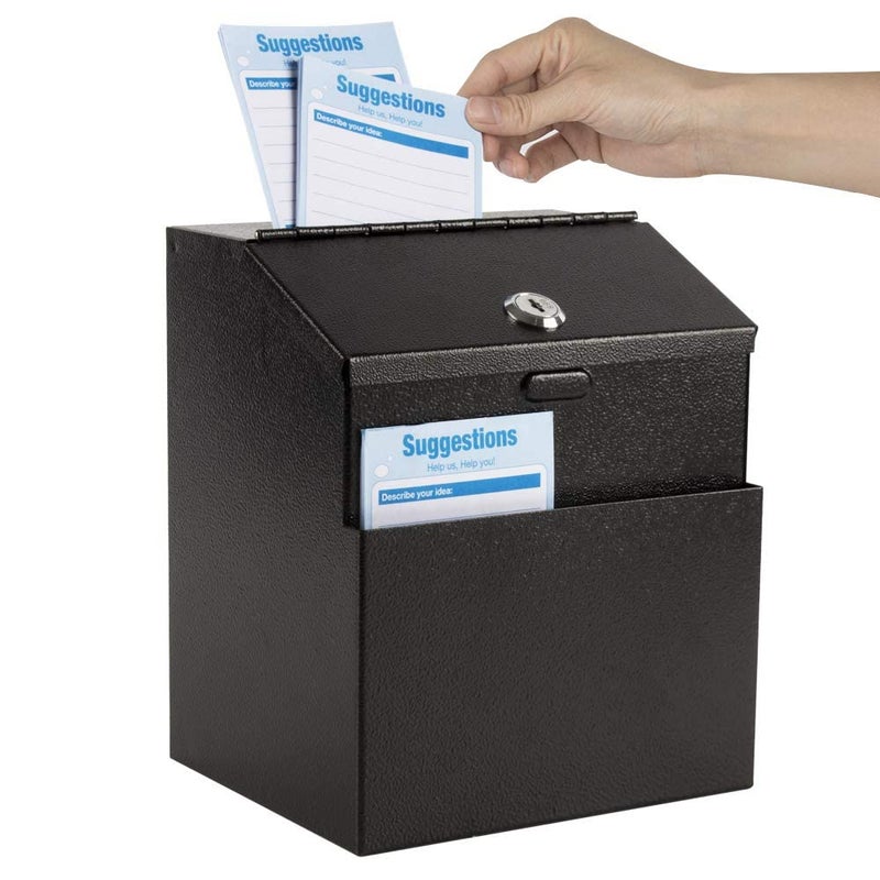 KYODOLED Suggestion Box with Lock and 50 Free Suggestion Cards, Metal Wall Mounted Ballot, Donation and Collection Key Drop Box with Slot & 2 Keys, 8H x 5.7W x 7L Inch, Black - Image 1